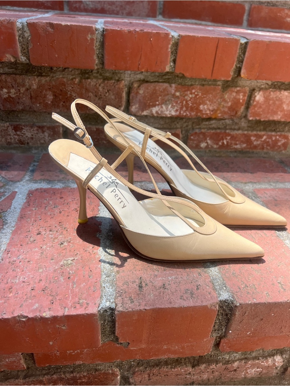 Michel Perry Beige Pointed Slingback Stilettos